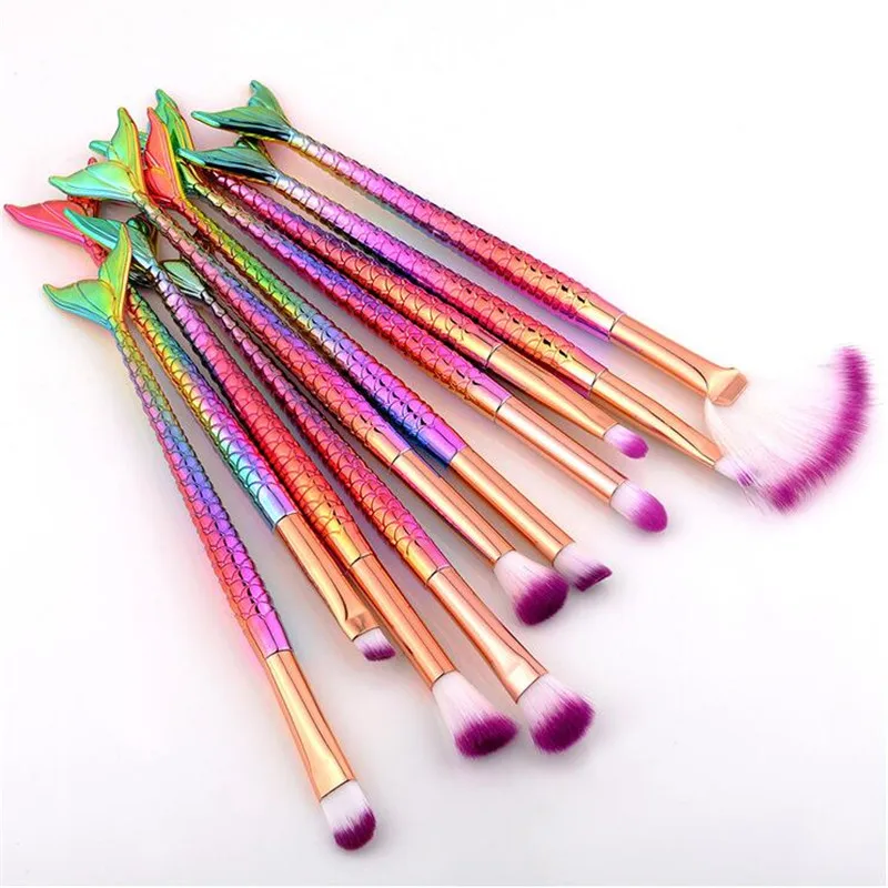 

SAIANTTH 10pcs Mermaid Eye Makeup Brushes Set Fan Shape Beauty Cosmetic Tool Eyeshadow Eyeliner Eyebrow Lip Brush Kit Highlight