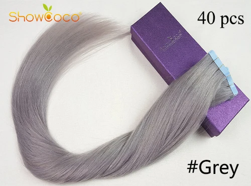 Grey ShowCoco волосы remy на ленте, натуральные человеческие волосы для наращивания, балаяж, высокий светильник, цветные волосы на ленте, натуральные волосы для наращивания 1"-24" - Цвет: Grey