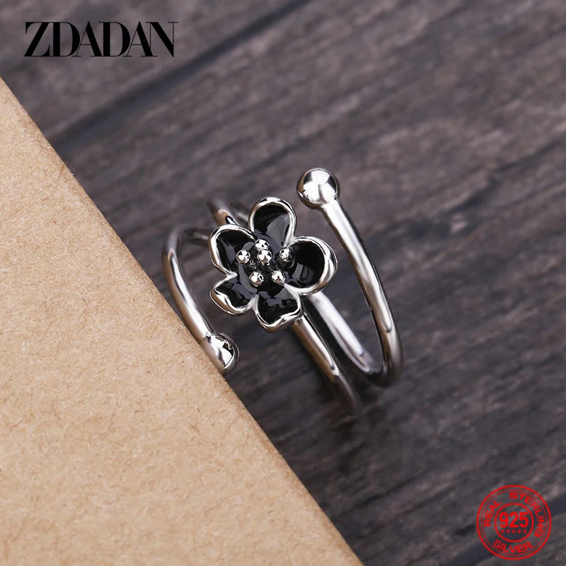 Silver Rings Silver Ring Wedding Rings Rose Flower Ring Metal Flower Ring ZDADAN 925 Sterling Silver Black Flower Adjustable Rings For Women Fashion Charm Gift Wedding Jewelry