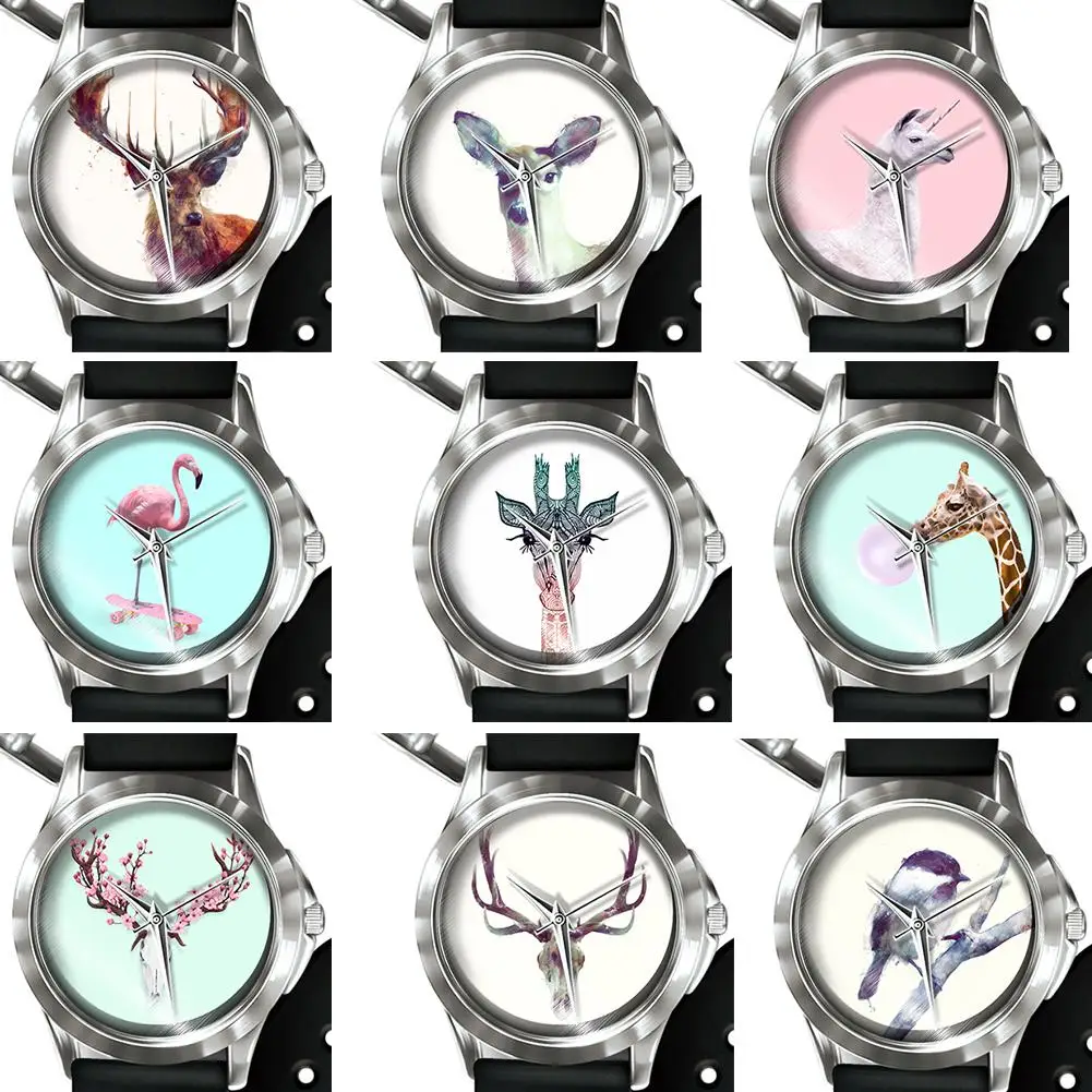 

Fashion Women Elk Deer Flamingo Giraffe Printed Dial Analog Quartz Wrist Watch dames horloges Ladies Dress Watches Gift Luxury