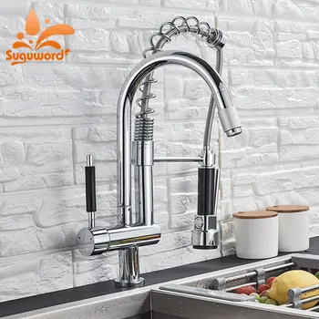 

Chrome Pull Down Spring Kitchen Sink Faucet 2 Swivel Spout Handheld Sprayer head with Bracket Single Handle Mixer Tap
