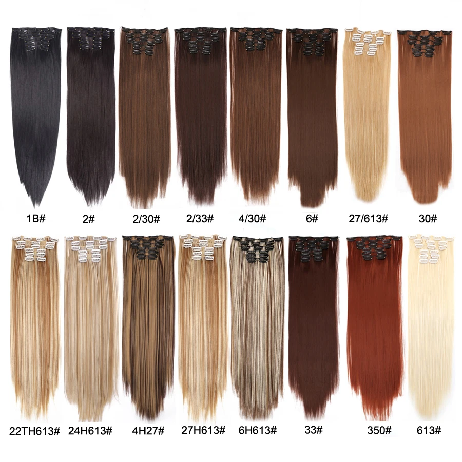 Leeons 16 colors 16 clips Long Straight Synthetic Hair Extensions Clips in High Temperature Fiber Black Brown Hairpiece