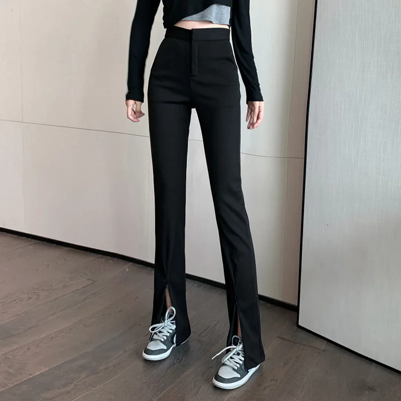 Spring Black Slit Pants Small 150cm Wide Leg Women High Waist Drooping and Autumn Women's Split Mop | Женская одежда
