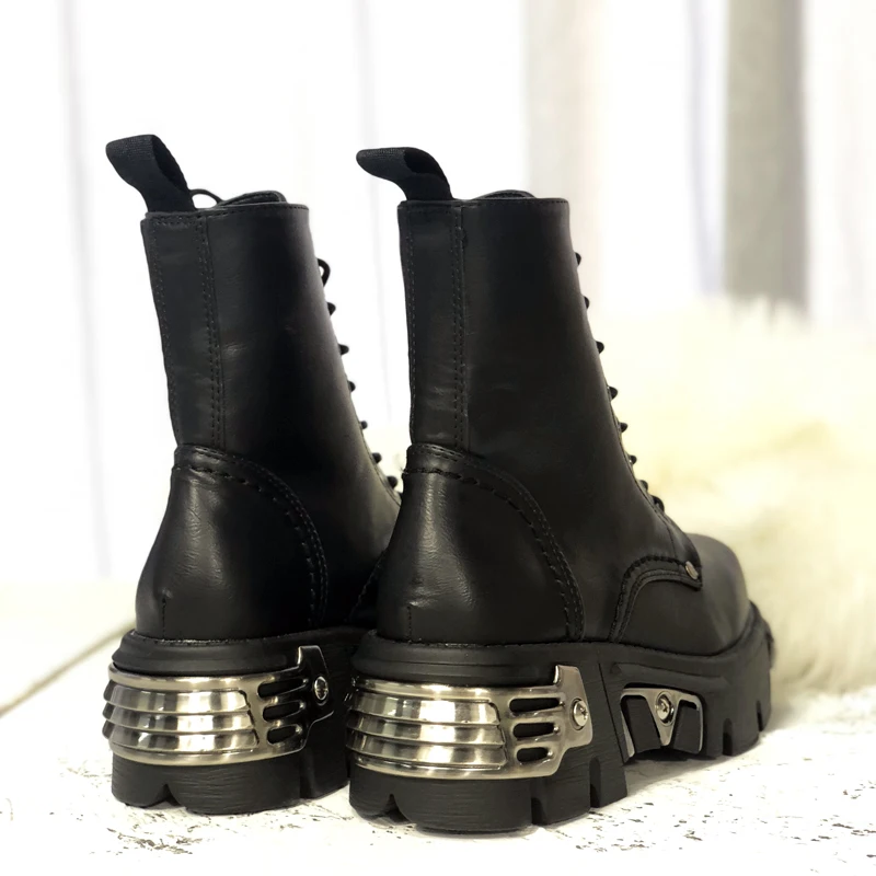 Punk Motorcycle Boots Black Leather Ankle Boots for Women Ins Street Style Lace up Platform Women Martin Boots Winter Shoes