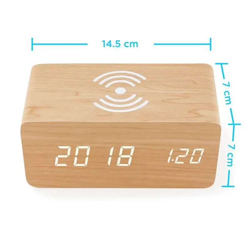 Wooden Alarm Clock With Qi Wireless Charging Pad Compatible With For
