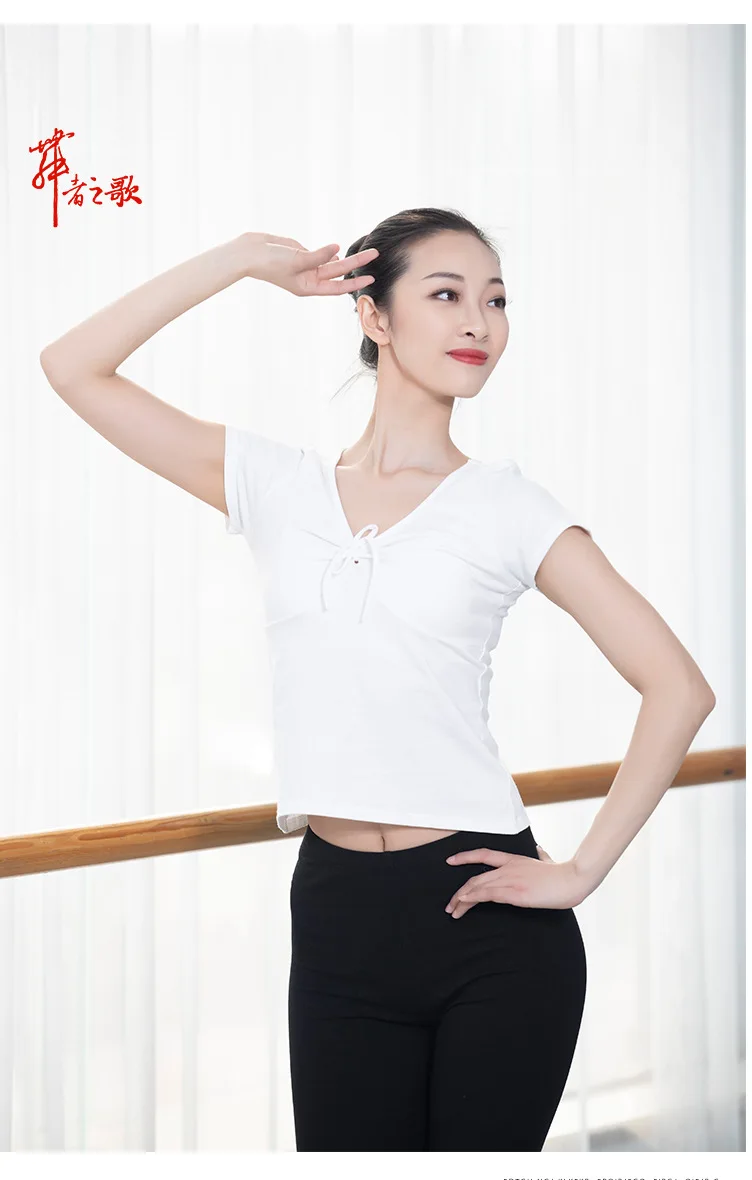 Dancing Dress Short Sleeve Modern Leotards Adult Female Ballet V-neck Chest Bow T-shirt Dance Tops
