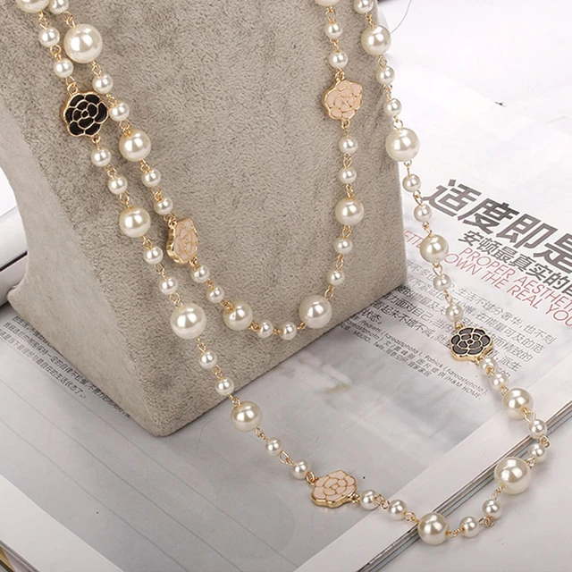 Necklace Long Luxury Camellia, Pearl Flowers Long Necklace
