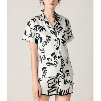 

Shorts Suit Pijamas Mujer Womens Print Button Short Sleeve Pocket Sleepwear Women Faux Pajamas Sets 2 Pieces Nightwear Sets #z