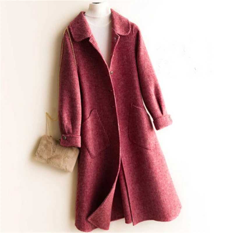 

Autumn Winter Long Wool Coat Women Korean New High quality Houndstooth Double-sided Wool coat Ladies Coats Elegant Wool Overcoat