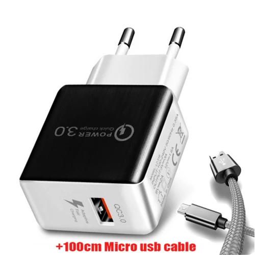 With Micro usb cable QC3.0 USB зарядное устройство с европейской вилкой 18 Вт Быстрая зарядка Универсальный Быстрый адаптер настенное зарядное устройство для мобильного телефона для samsung S 9 8 xiaomi mi 5 6 mi x2 - Цвет: With Micro usb cable