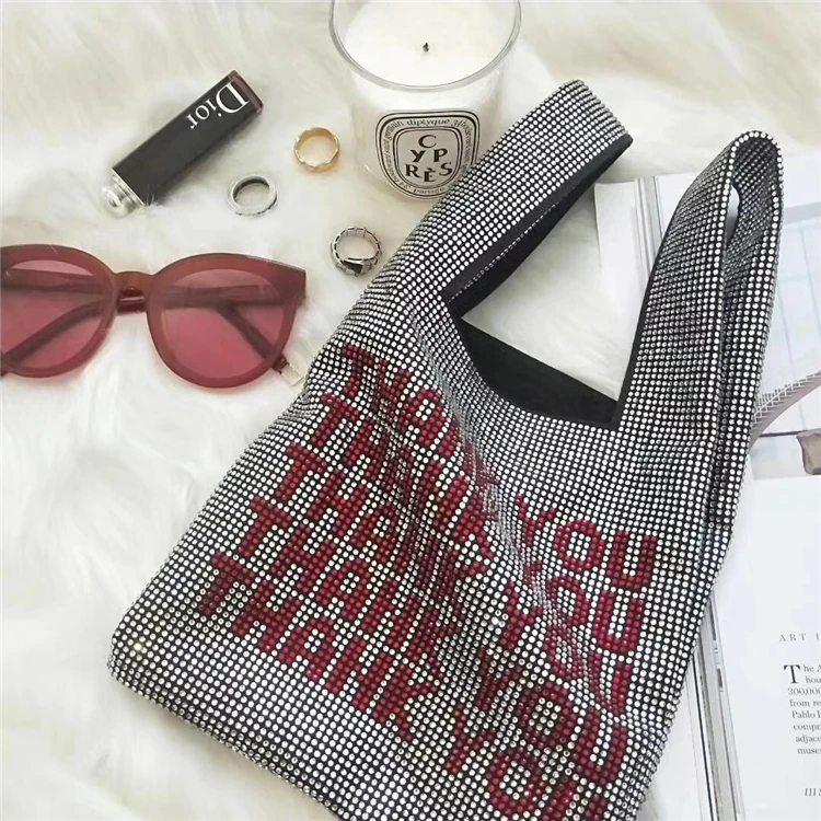 Thank You Sequins Bags Women Small Tote Bags Crystal Bling Bling Fashion Lady Bucket Handbags Vest Girls Glitter Purses Brand