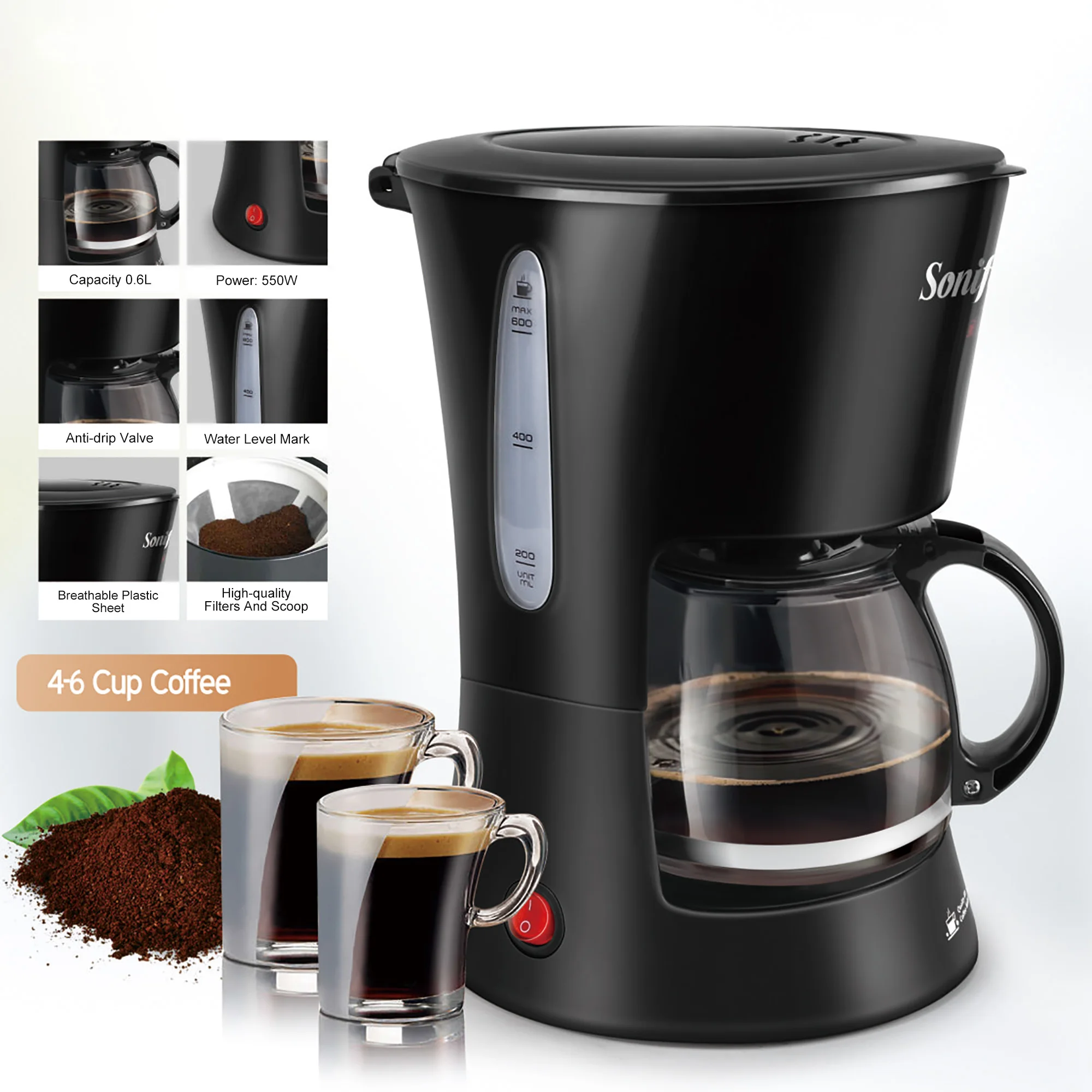 0.6L Electric Drip Coffee Maker 550W Household Coffee Machine 6 Cup Tea Coffee Pot Milk Coffee Maker for Gift 220V Sonifer
