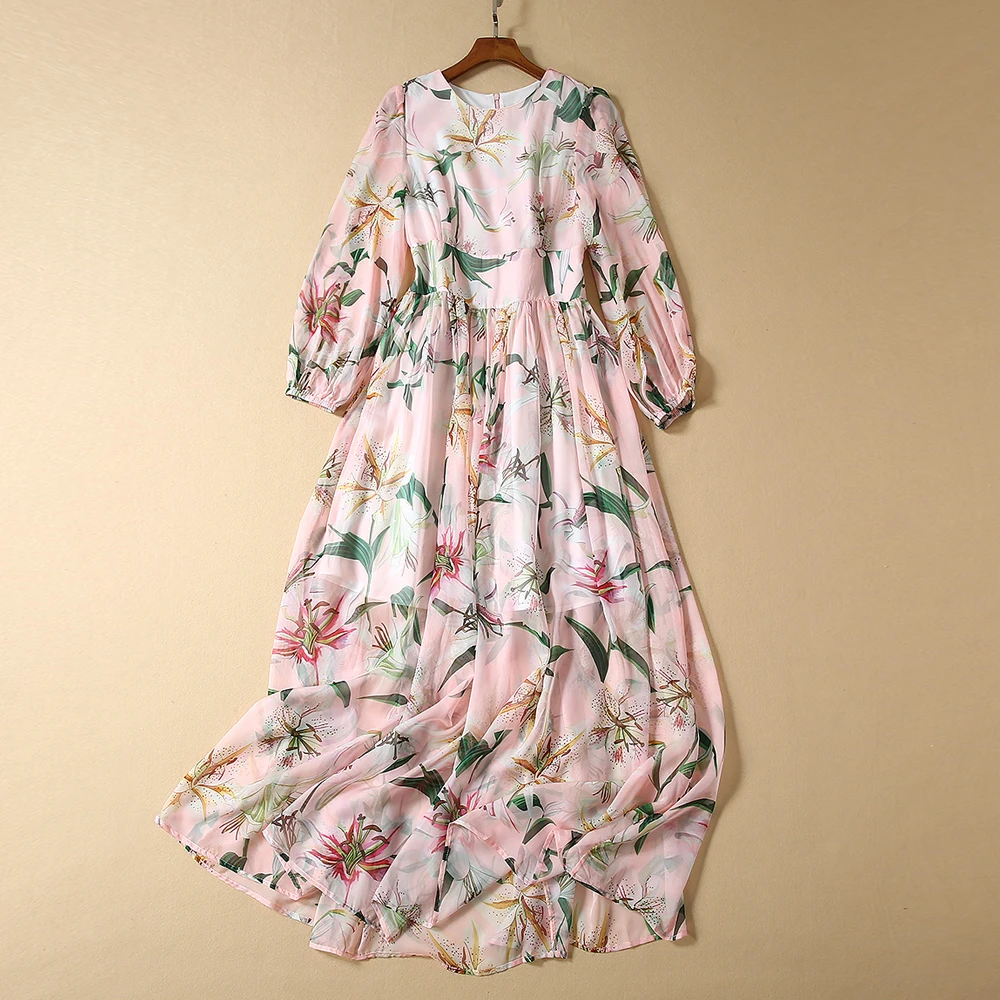 

Red RoosaRosee Designer New Women Spring Autumn Flower Print Wrist Sleeve Long Maxi Dress Elegant Party Boho Vestidos Robe Femme