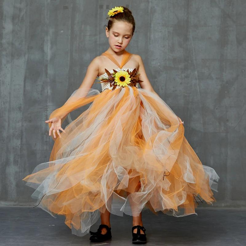 Autumn Scarecrow Girls Tutu Dress Set Kids Halloween Tulle Scare Crow Costume Fall Colored Flower Children Wedding Couture Dress (7)