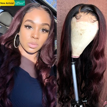 

#99J Ombre Human Hair Wigs For Black Women Body Wave 4x4 Closure Wig Dark Wine Burgundy Colored Brazilian Hair Lace Closure Wig