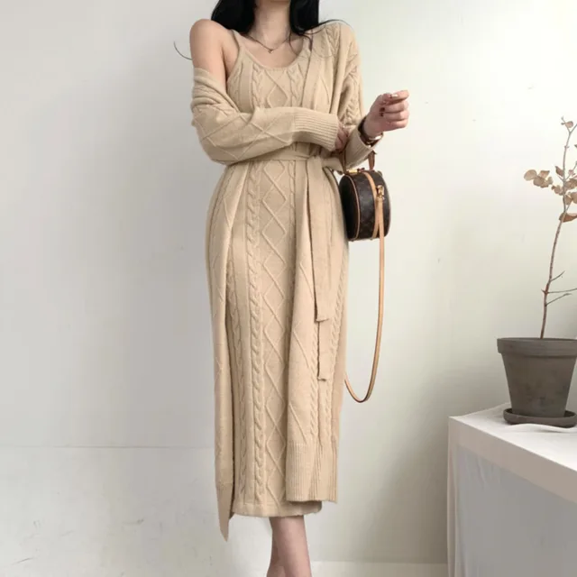 Elegant Fall Winter Thick Knitted 2 Piece Set Women Twist Long Cardigan Sweater Coat +Sleeveless Long Dress Suit Ensemble Femme 3