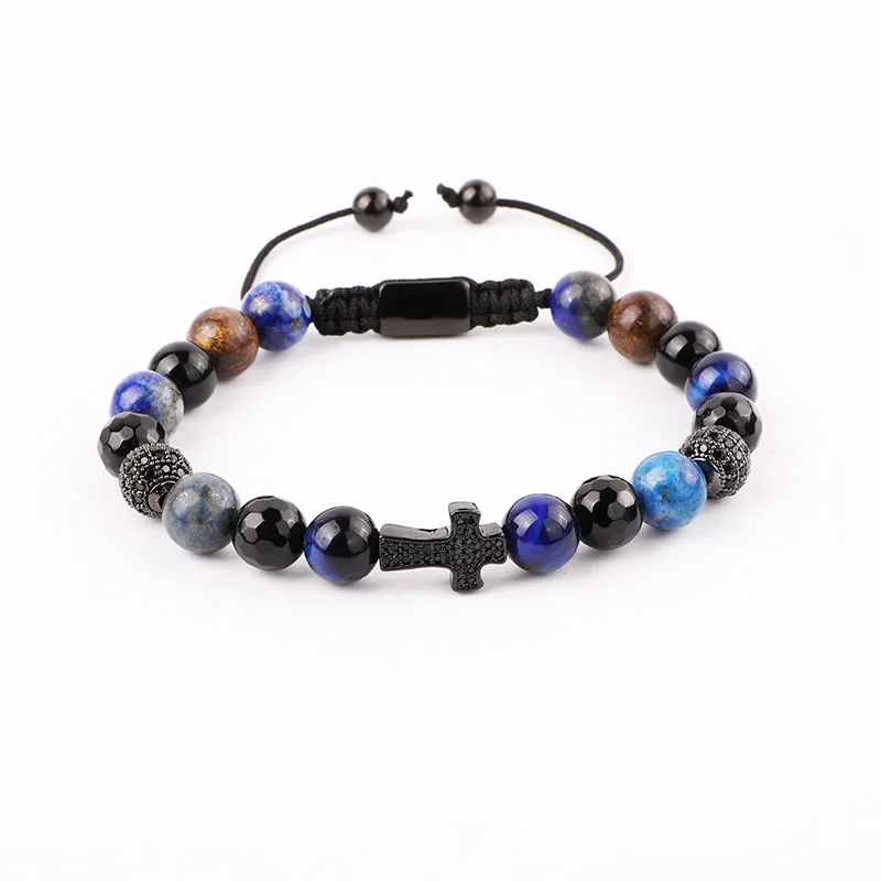 High Quality CZ Pave Cross Charm Natural Stone Black Agate Tiger Eye Bronze Stone Beaded Custom Macrame Bracelet Men Women