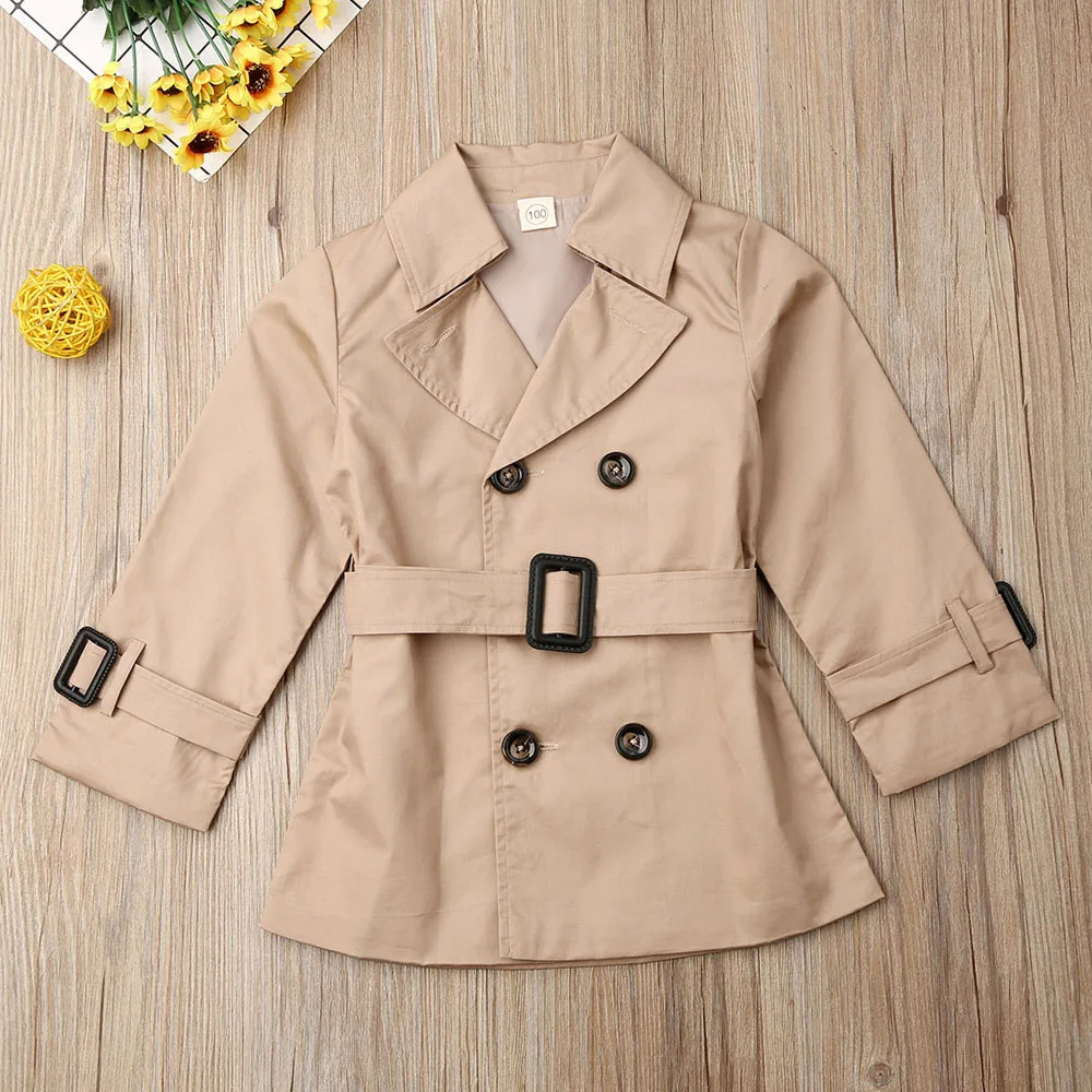 Двубортный Тренч с лацканами для девочек, повседневная верхняя одежда, длинное пальто 2-7Y