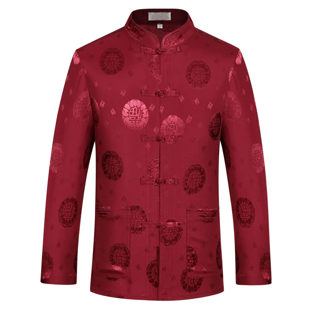 Красный Тан костюм Мужская Hanfu Китайская традиционная одежда Кунг Фу рубашка Униформа с длинными рукавами пальто Топы - Цвет: Красный