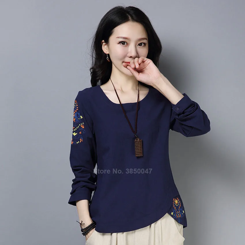 One navy top Хлопковые льняные традиционные китайские винтажные Топы Cheongsam с вышивкой, Женская свободная одежда с круглым вырезом, ретро юбка, наряды - Цвет: One navy top