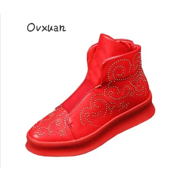 

Hip Hop Travel Sneakers Red Thick Bottom Flat Platform Sewing Totem High Top Men Shoes Party Dress Rivet Loafers Botas Hombre
