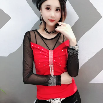 

Fashion Diamonds Sexy Patchwork Mesh Tassel Tshirt European 2019 New Autumn Winter Women Slim Back Top Camiseta Mujer T99005