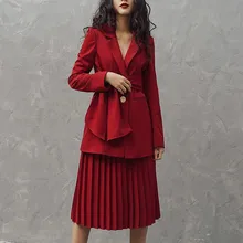 Платье костюмы набор женское с длинным рукавом подиум дизайнер элегантный офисный Женский костюм куртка пальто красное плиссированное платье одежда из двух частей