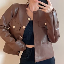 Autumn Coffee PU Leather Jacket Women 2021 Winter Slim O-neck Outerwear Single Breasted Motorcycle Coats Tops Female Clothes