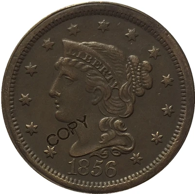 США 1839-1857 Заплетенные волосы большой цент копии монет - Цвет: 1856