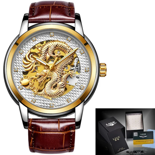 leather gold white LIGE мужские s часы Топ люксовый бренд часы из нержавеющей стали водонепроницаемые автоматические механические мужские часы с драконом мужские Relogio Masculino+ коробка - Цвет: leather gold white