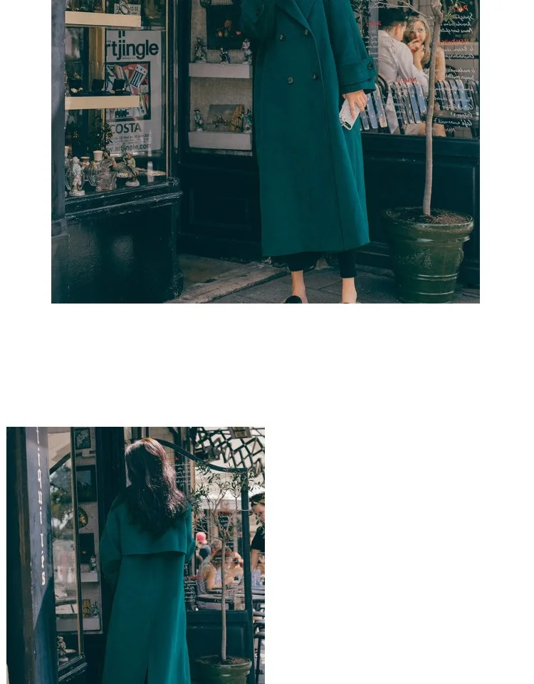 INS Malachite Green элегантное двубортное шерстяное пальто с воротником для фотосессии, осень и зима, длинное шерстяное пальто выше колена