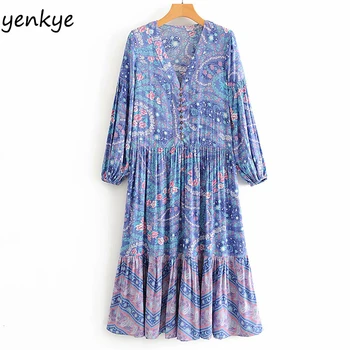 

Vintage Floral Print Boho Dress Women Lantern Sleeve V Neck Pleated Casual Dress Female Holiday Summer Long Dress robe longue