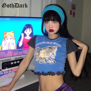

Goth Dark Harajuku Aesthetic Korean Female T-shirt 2020 Summer Graphic Kawaii Print E-girl Cute Bodycon Ruffles Women Crop Tops