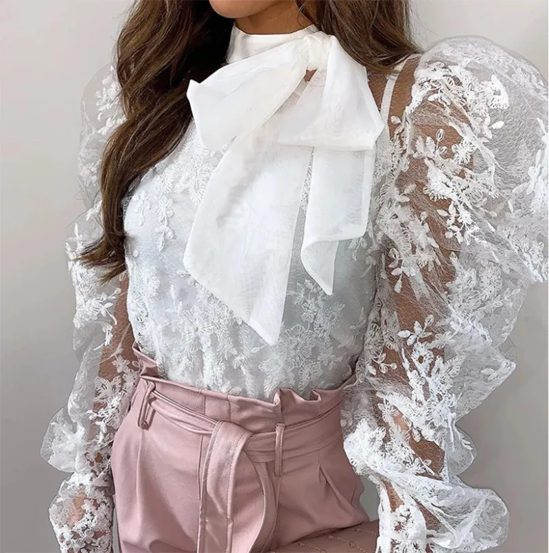 Women Sexy Lace Crochet Sheer Mesh Long Puff Sleeve Shirt Blouse Crop Tops See Through Bowknot Shirt Outwear Loose Casual Blouse Women Sexy Lace Crochet Sheer Mesh Long Puff Sleeve Shirt Blouse Crop Tops See Through Bowknot Shirt Outwear Loose Casual Blouse