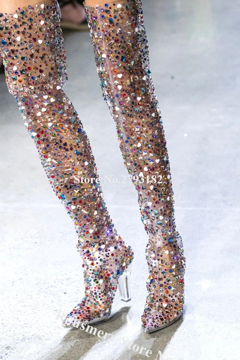 

Bling Bling Colorful Rhinestones PVC Pointed Toe Over Knee Chunky Heel Bootsl Diamonds Crystals Long Clear Transparent Boots