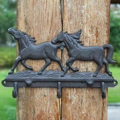 Европейский Винтаж две лошади дизайн чугун домашний сад Декор настенный крючок с тремя вешалками - Цвет: antique