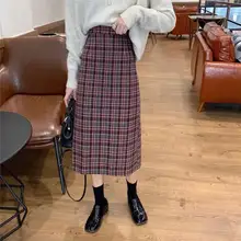 Женские шерстяные юбки зимние Утепленные шерстяные клетчатые элегантные прямые юбки женские миди-юбка с высокой талией