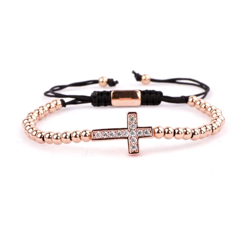 Fashion classic design small stainless steel beads CZ cross charm braided adjustable bracelet - Image 5