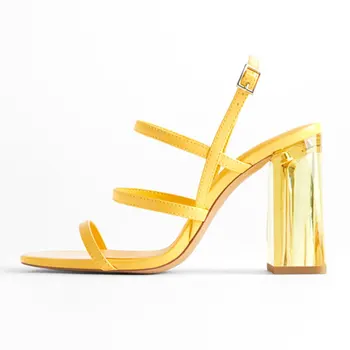 

GENSHUO Transparent Clear High Heels Spring Summer Yellow Sandals Ladies Block Heel Narrow Band Square Toe Vintage Rome Shoes
