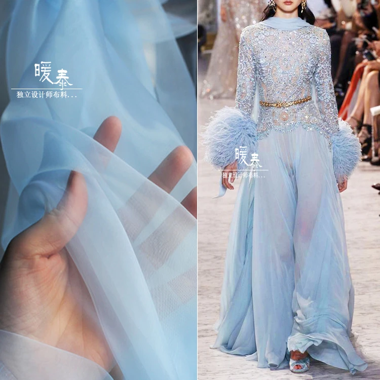 

0.5mx 1.4m blue smooth encryption organza fabric for dress wedding decoration clothing design fabric
