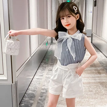 

2020 Girl's Clothes Summer Casual Clothing Sets For Children Bow Shirts Tops Striped + Shorts Sets Kids Sleeveless Clothing Sets