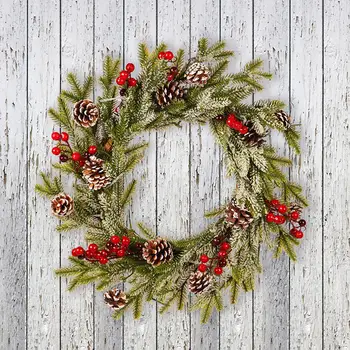 

Christmas Artificial Wreath PE Pine Cone Red Fruit Christmas Garland Decoration White Flocking Pendant With Frost Ornaments