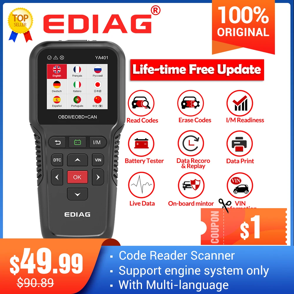 Ediag YA401 obdii сканер кодов бесплатное обновление полный OBD2 функции Проверка батареи