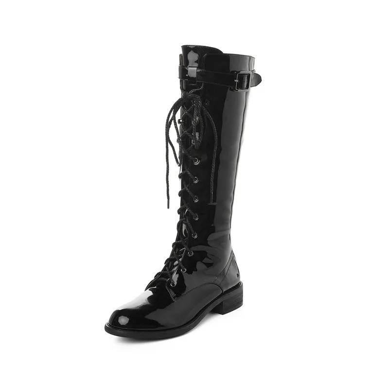 black patent leather MORAZORA/Новинка года; женские сапоги до колена; сезон осень-зима; обувь из натуральной кожи; Модные женские мотоботы с пряжкой - Цвет: black patent leather