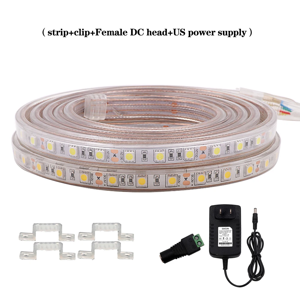 12V 24V Светодиодные ленты SMD5050 60 Светодиодный s/m Светодиодный лампа в виде ленты IP67 водонепроницаемая гибкая светодиодная лента светильник Диодная лента EU/US/UK US Мощность штепсельной вилки - Испускаемый цвет: US Set