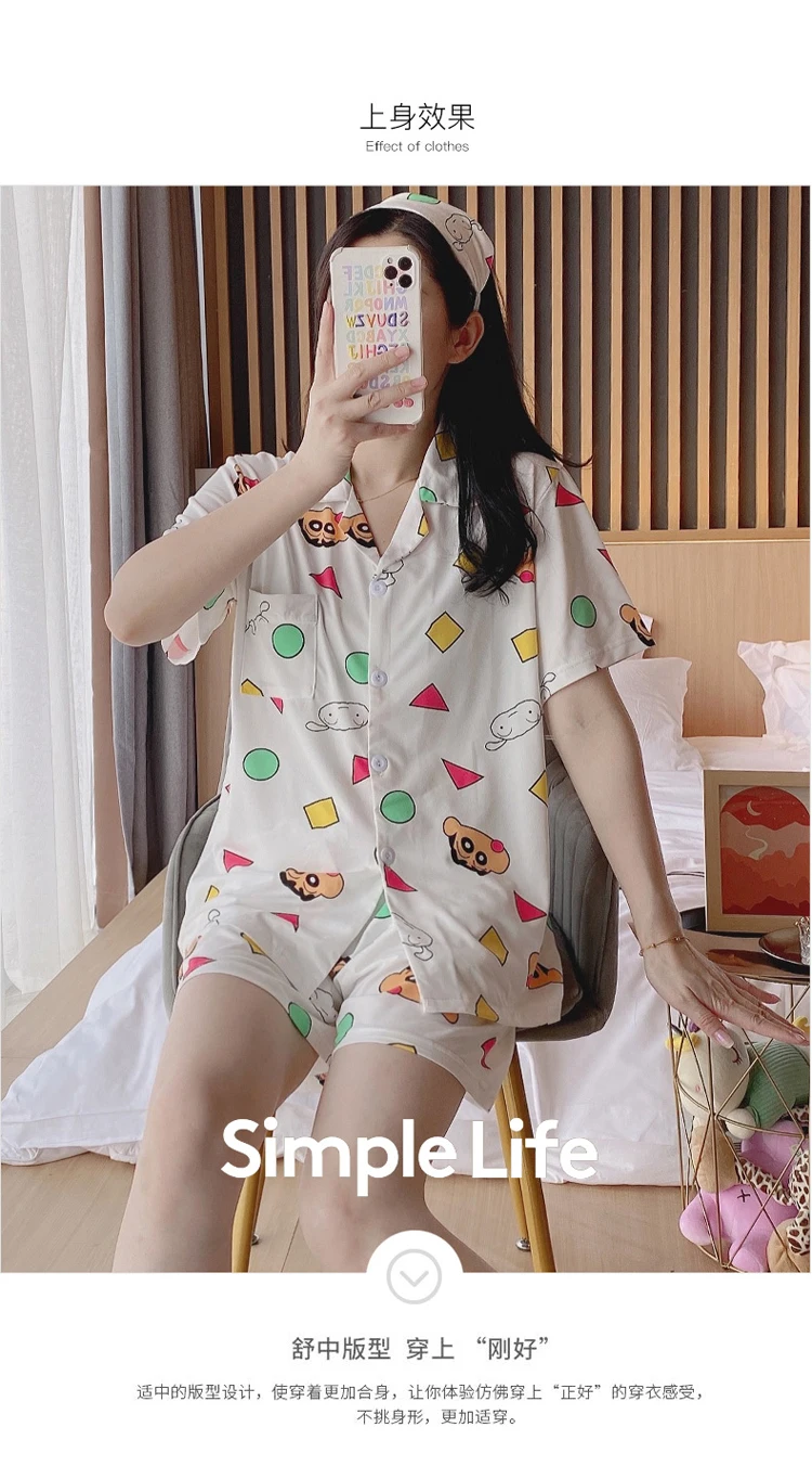 Anime Pijama Women Kawaii Homewear Crayon Print Short Tops Pants Casual Sleepwear Cute Shirts Summer New Pajama Student Cartoon plus size pajama sets