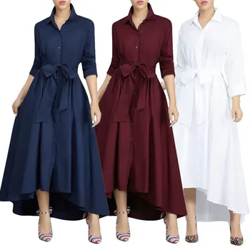 

Irregular Long Shirt Dress Women Elegant A Line Turn-down Collar Lace Up Dress Bandage Office Lady Women Dress Vestido Robe