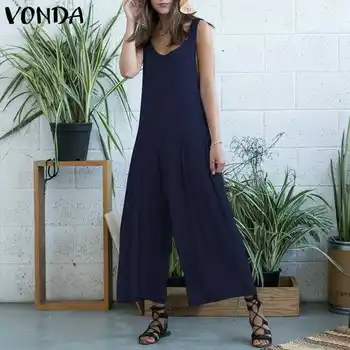 

VONDA Vintage Womens Jumpsuit 2020 Summer Wide Leg Pants Ladies Sexy Sleeveless Hollow Long Playsuits Plus Size Overalls
