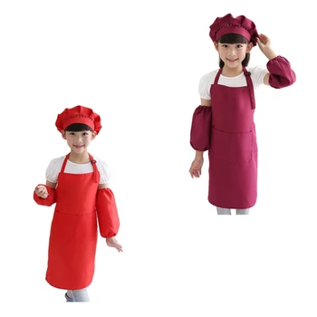 

2Set Kids Full Apron Bib Set with Pocket and Hat Sleeves Craft Kitchen Chef Cooking Art Children DIY Apparel Wine Red & Red
