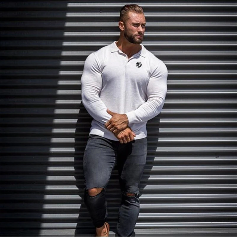 Muscleguys, Весенняя мода, длинный рукав, рубашки поло, мужские, облегающие, с отложным воротником, мужские, Фитнес рубашка Поло, хлопок, бодибилдинг, рубашка